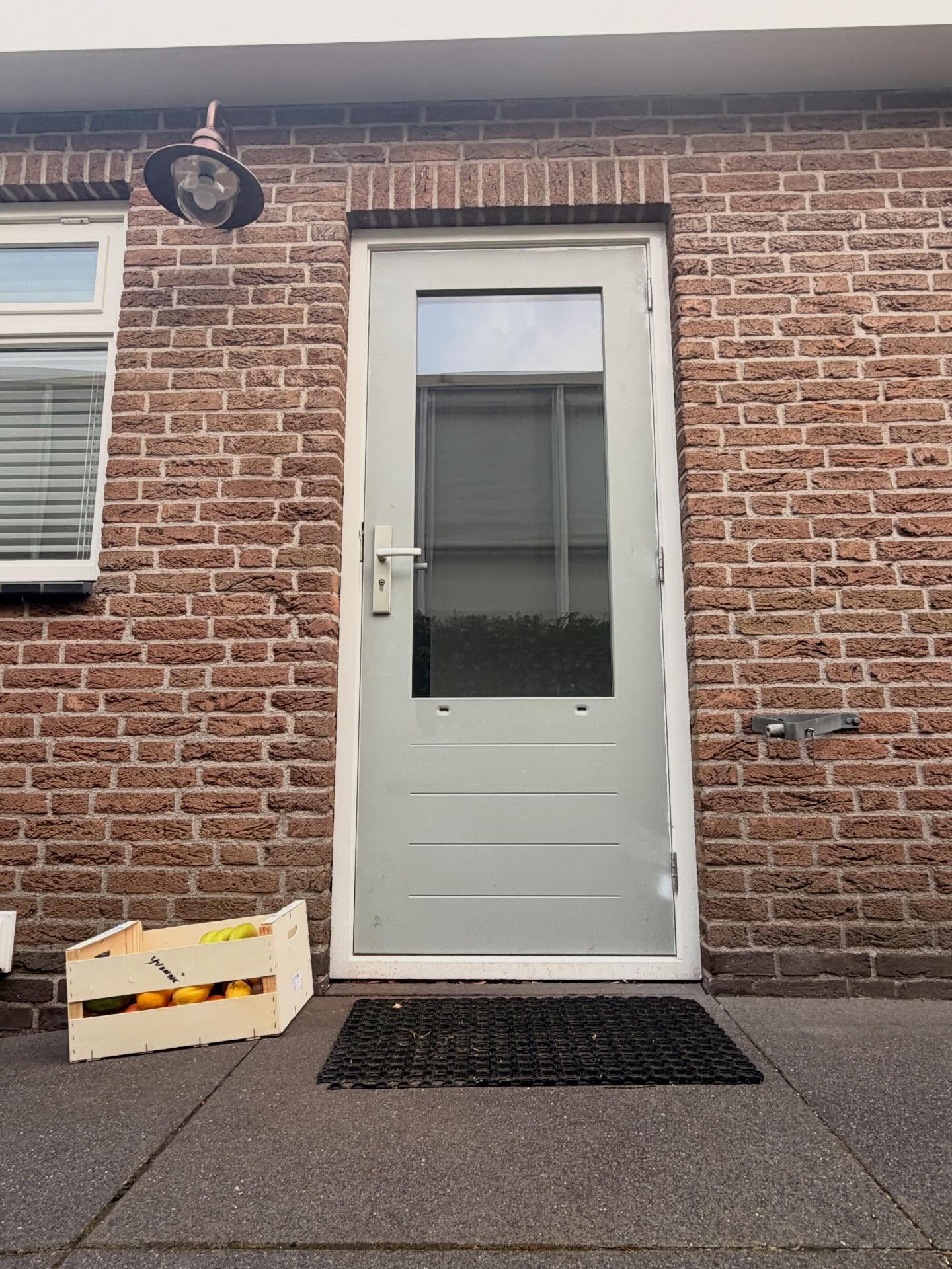 Nieuwe grijsgroene achterdeur met glas in een bakstenen gevel
